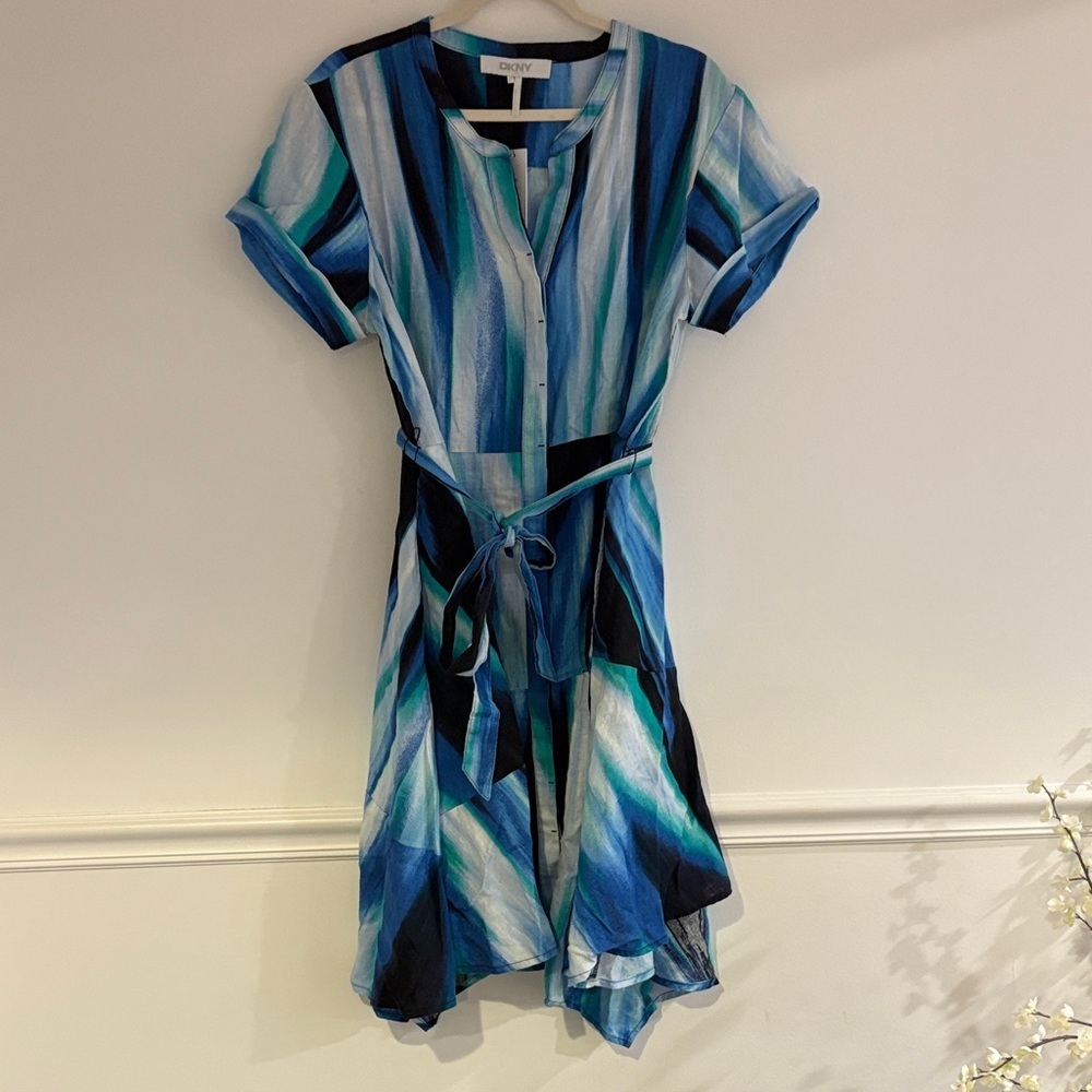 DKNY Blue Teal and Black Striped Button-Front Midi Dress